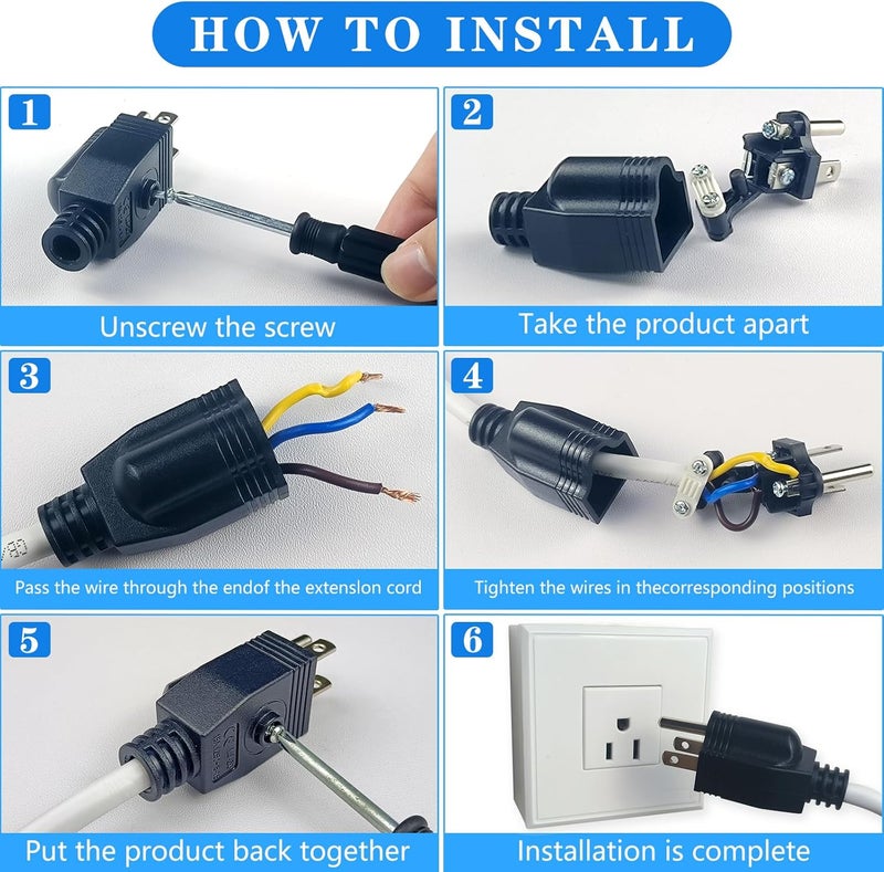 OFOAEEA 3 Prong Replacement Plug, 6 Pack Extension Cord Ends, Replacement Plugs 3 Prong with 1 Screwdriver, Neutral Ground Bonding Plugs, 3 Wire MalePlug, Power Plug Replacements, Black - Image 4